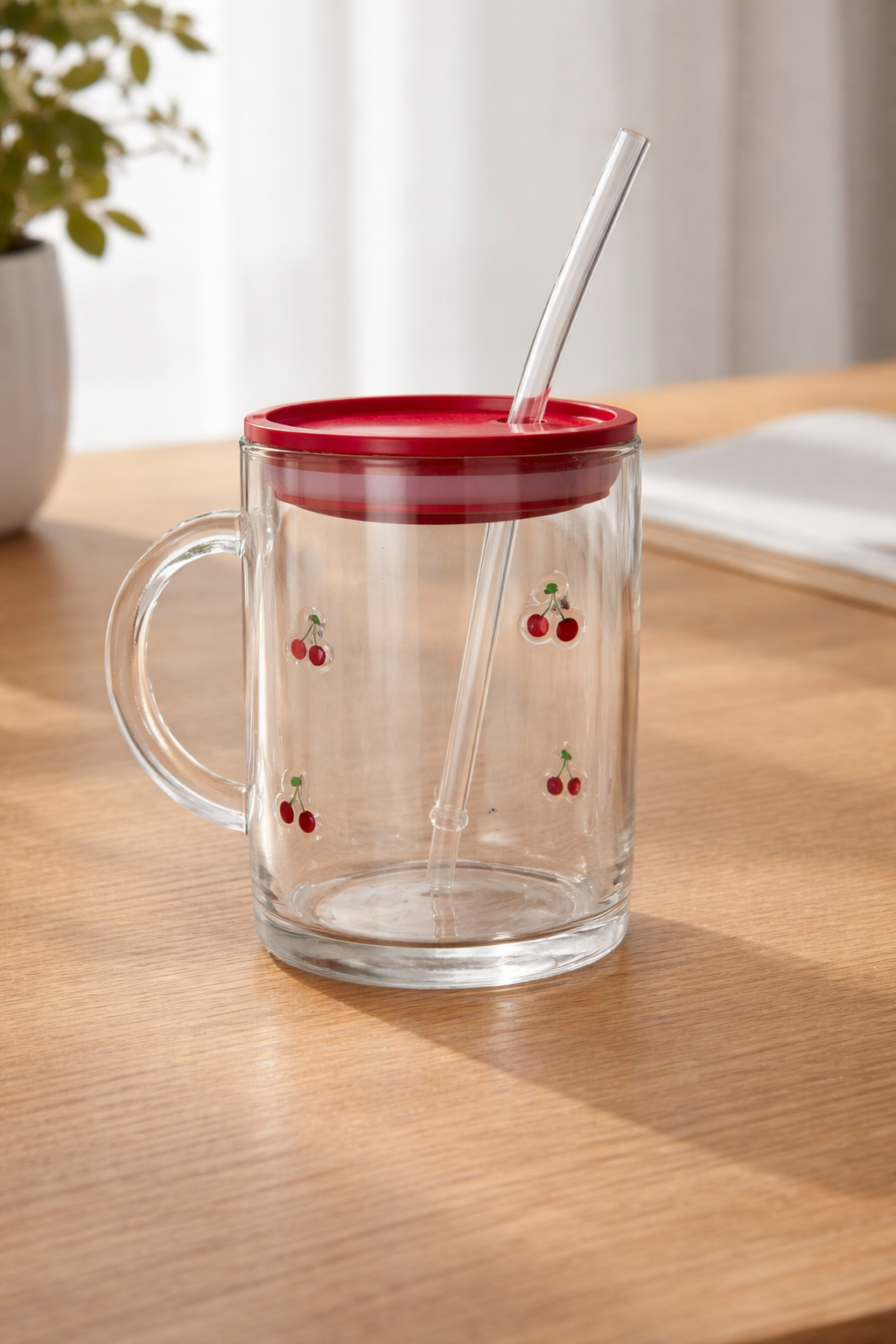 Cherry Glass Mug with Straw
