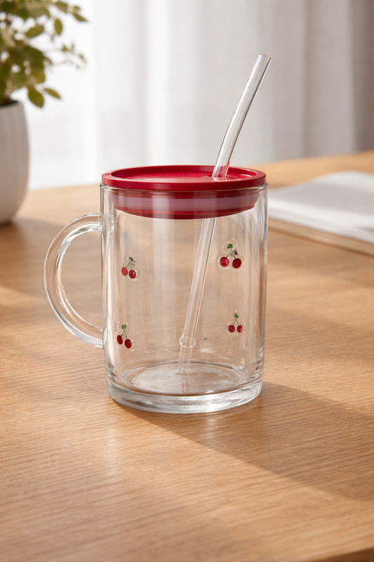 Cherry Glass Mug with Straw